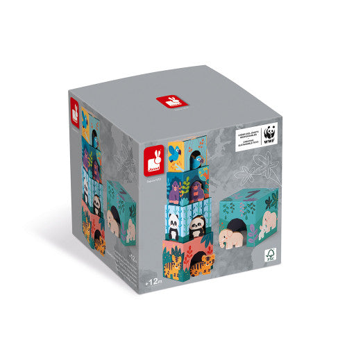 Janod WWF Animal Pyramid - 5 Wooden Animals and Blocks Set